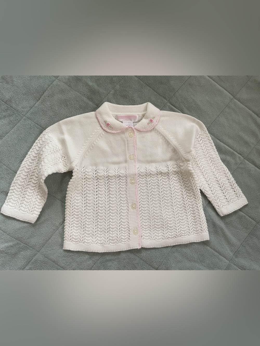 Janie and Jack Cream Knit Cardigan with Pink Trim
